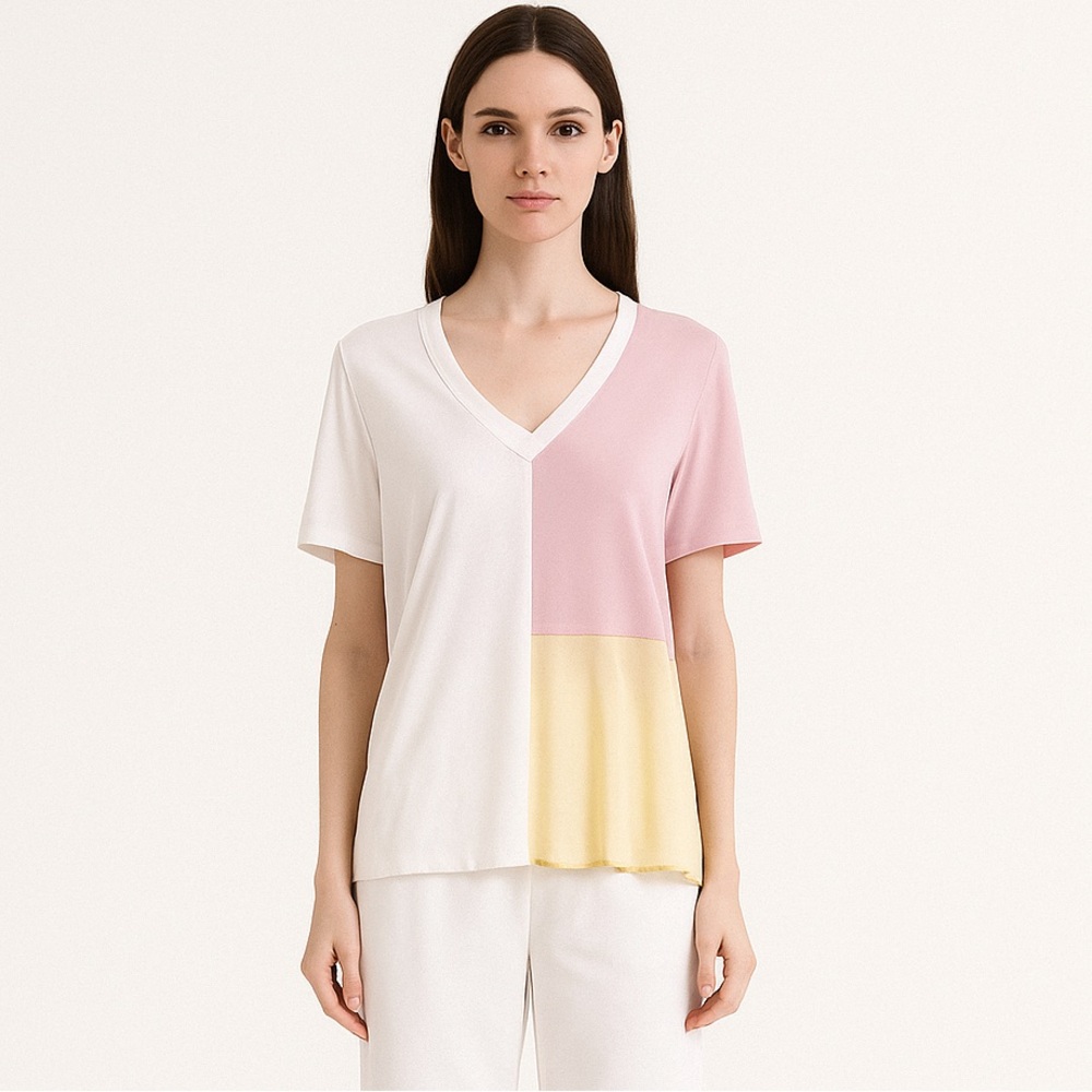 SPORTMAX CODE Colorblock Short Sleeve Silk and Cotton Top XS